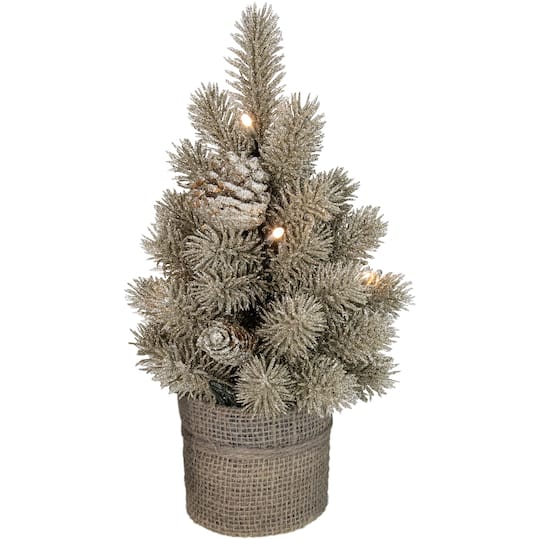 10.25" Pre-Lit Metallic Glitter Artificial Potted Christmas Tree with Burlap Base, Clear LED Lights